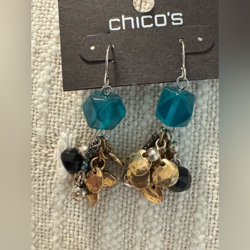 0267-Chico's Teal and Gold Dangle‎ Earrings